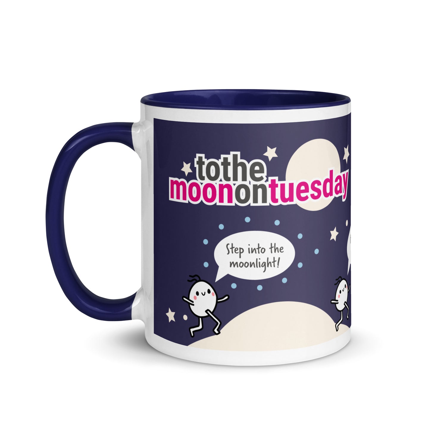 Blue White 11oz ceramic coffee mug with moon