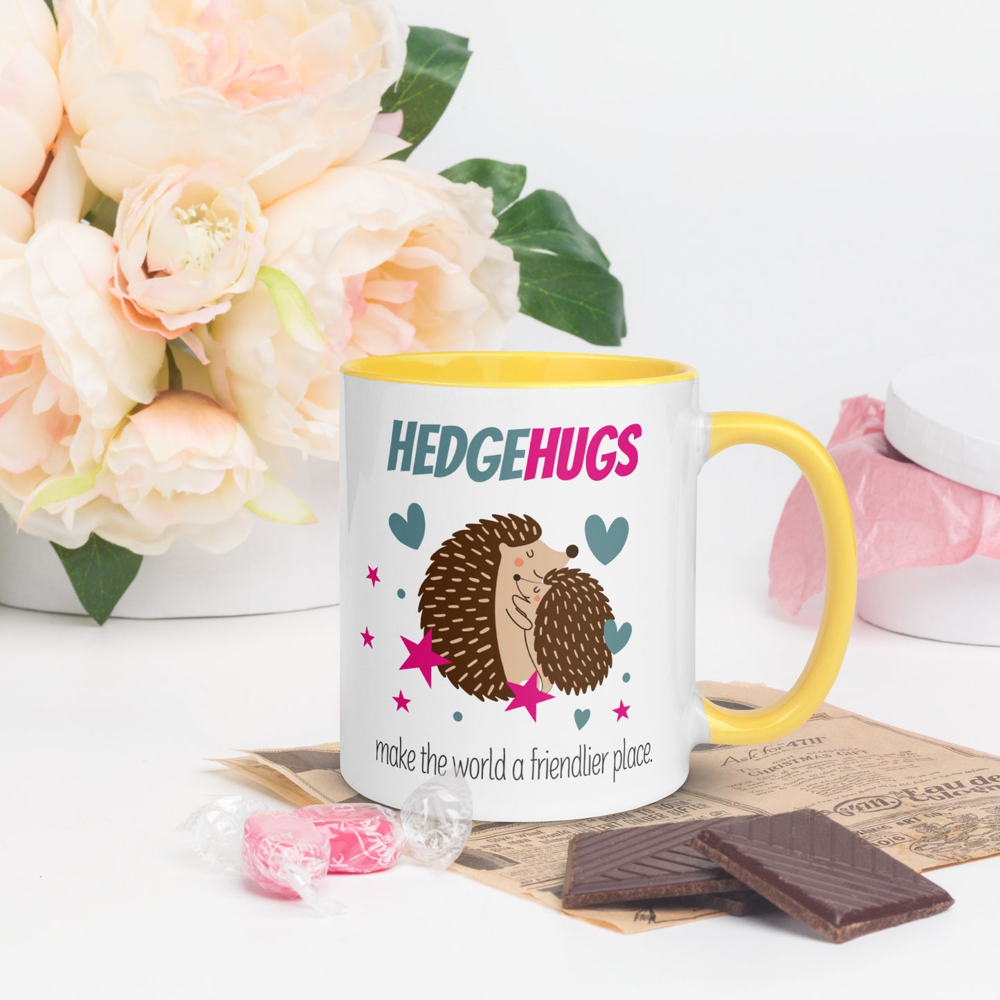 Fun sweet hedgehogs hugging coffee mug