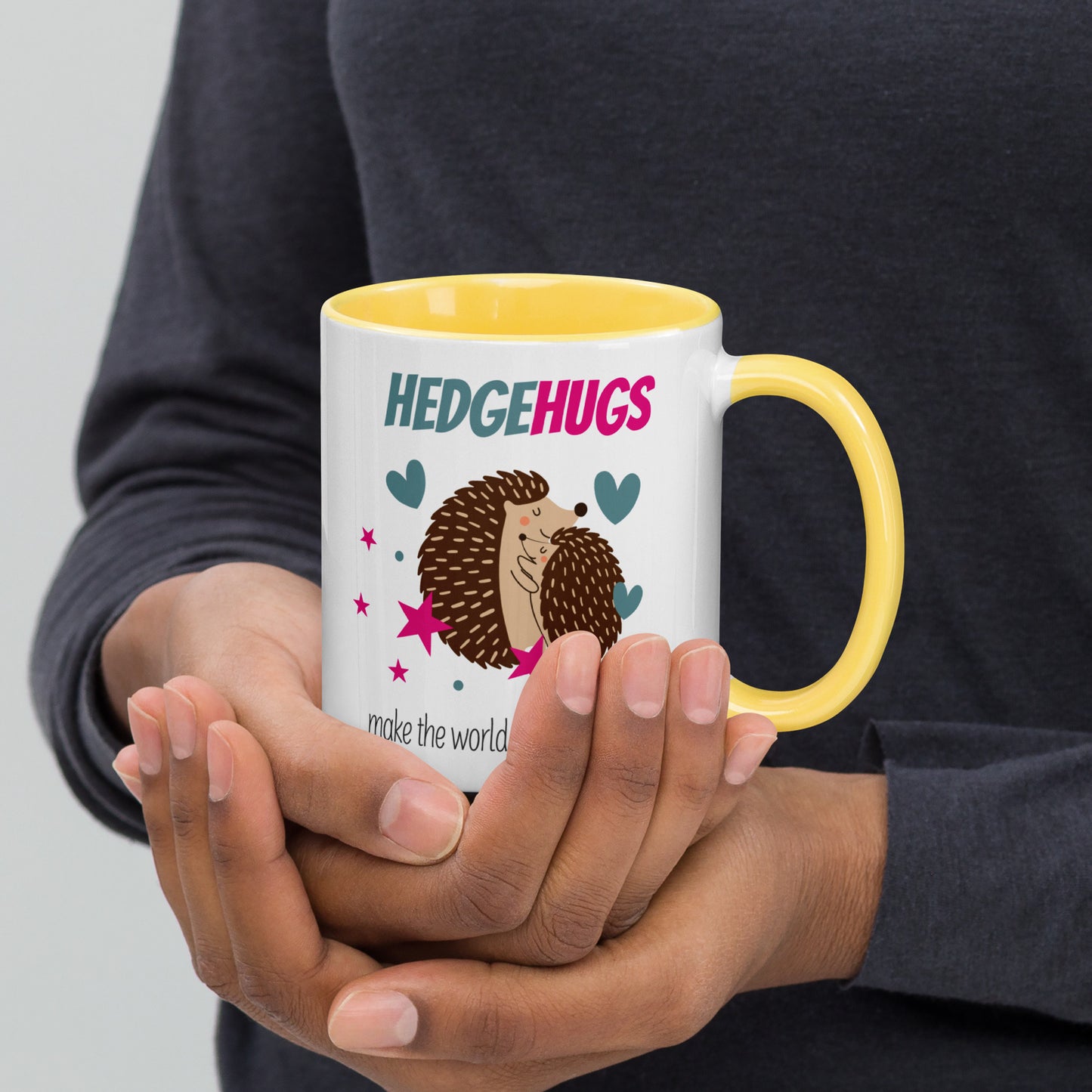 Loving hedgehogs hugging coffee mug